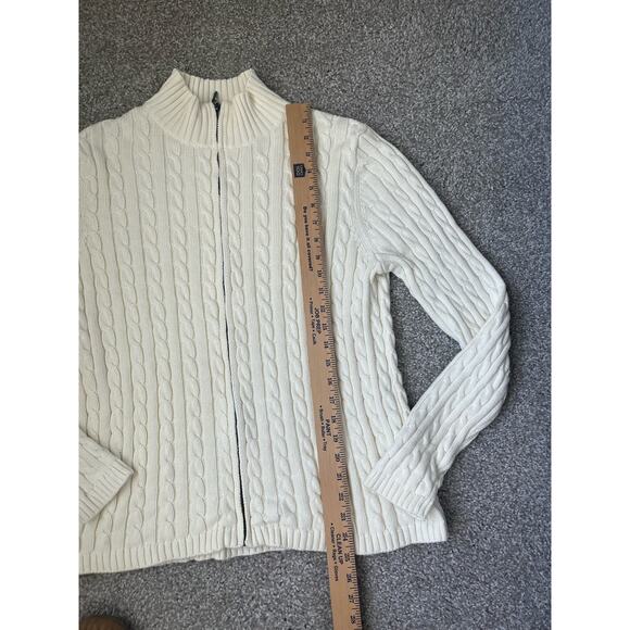 L.L. Bean Cardigan Sweater Cable Knit Zip Fisherman Preppy Cream Size Large - Picture 8 of 9